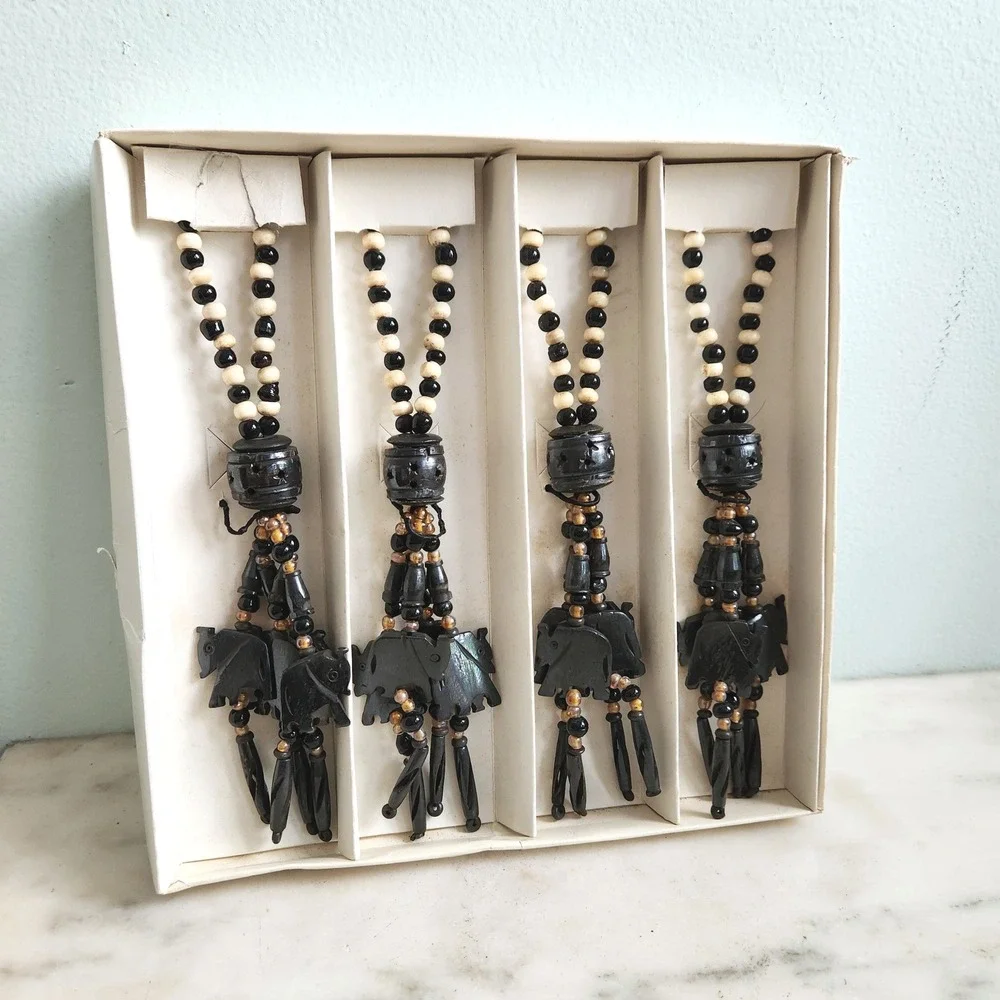 Vintage Pier 1 Imports Hand Carved Elephant Napkin Rings Set of 4 Black Beaded